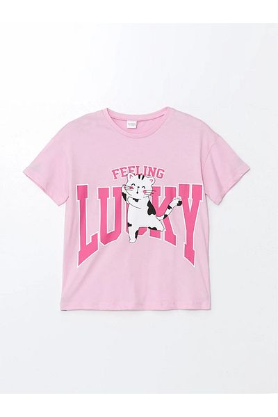 LC Waikiki Lcw Kids Pink Crew Neck Printed Short Sleeve Girls Pajamas Set