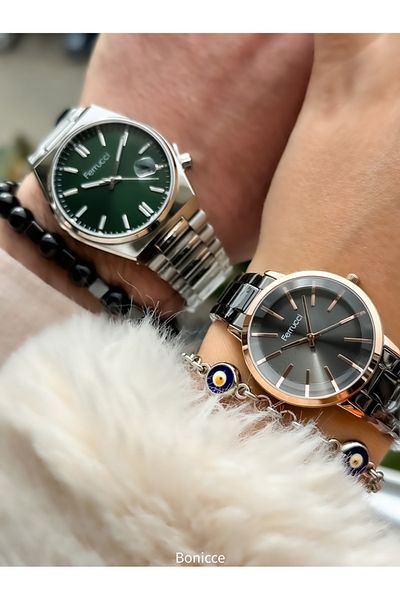 Ferrucci Brand Silver Color Steel Cord Dear Couple Wristwatches+Bracelet