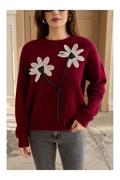 Elif Özbey Butik Pulover oversize floral din in burgundy