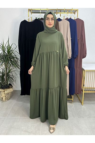 erasra class Green Two-Layer Gathered Dress and Shawl Set - Hijap and Abaya (Suitable for Hajj and Umrah)