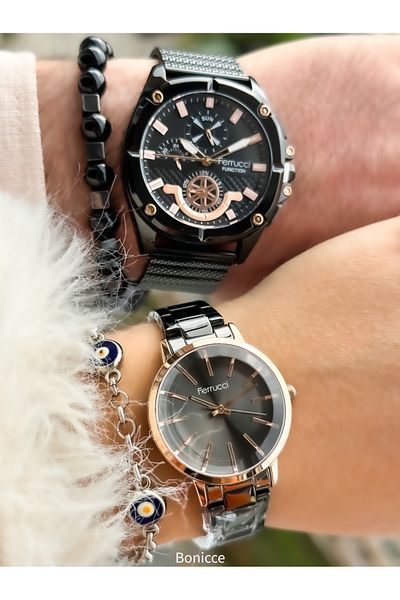 Ferrucci Brand Black Color Steel Cord Dear Couple Wristwatches+Bracelet
