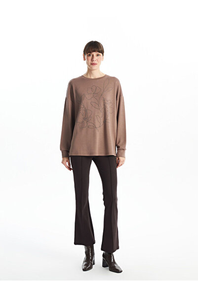 LC Waikiki Brown Crew Neck Embroidered O Oversized Women's Blouse