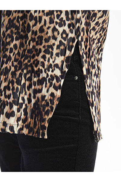 LC Waikiki Lcw Vision Bronze Plaid Shirt Collar Leopard Print Women's Blouse