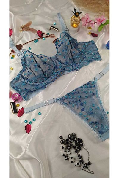 COLOR DE PIEL SET DE DAMA ALBASTRU ALBASTRU INCHIS MINI SUtien Floral