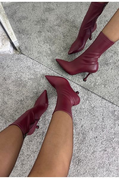 MYVOLANTE Burgundy Heeled Stretch Ankle Boots
