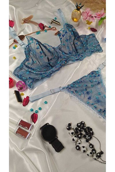 COLOR DE PIEL SET DE DAMA ALBASTRU ALBASTRU INCHIS MINI SUtien Floral