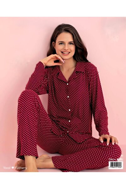 PİJAMERRY Women's Suede Pajama Set - Red, Polka Dot, Button, Long Sleeve