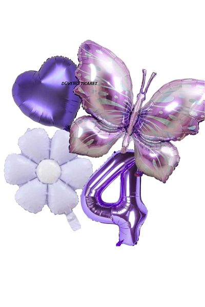 DÜVENCİ TİCARET Big Size Purple Butterfly Chamomile Foil Balloon Age Set
