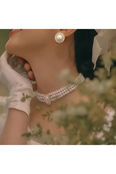 maia Altın Rengi 2’li İnci Takı Seti – 3 Sıra Kolye + Küpe