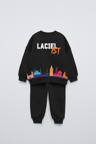Magu Istanbul Patterned Black Cotton Sweatshirt and Sweatpants Set - Unisex Winter Set