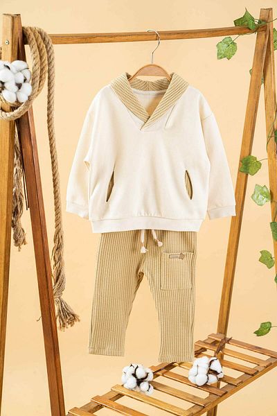 bombe Baby Kids Beige βαμβακερό σετ 2 τεμαχίων First Ben Trend Fashion Bottom Top Σετ