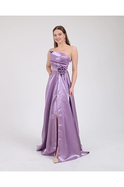 NURANS Kadın Lavanta Yırtmaçlı Parlak Saten Uzun Abiye & Mezuniyet Elbise Özel Davetler