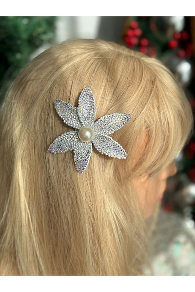 QUEEN AKSESUAR Luxury Gray Lily Flower - Crystal Stone Detailed, Pearled, Collet Side Buckle