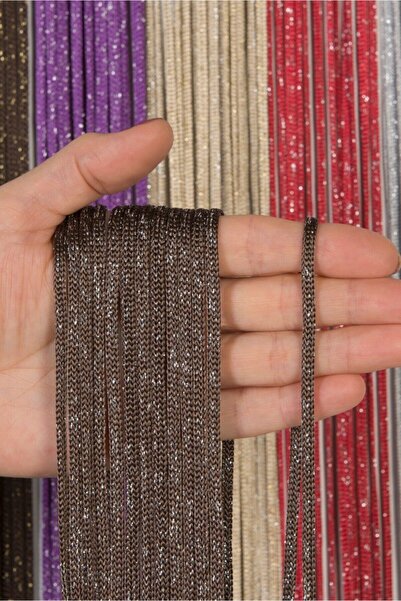 Saççax Exclusive Kahve-Gümüş Renk Jumbo Simli Zincir Serisi İp Perde