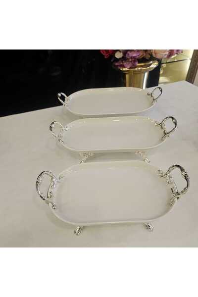 MaviDamla 3 Parca Oval Kulplu Porselen Sunuml Gümüş