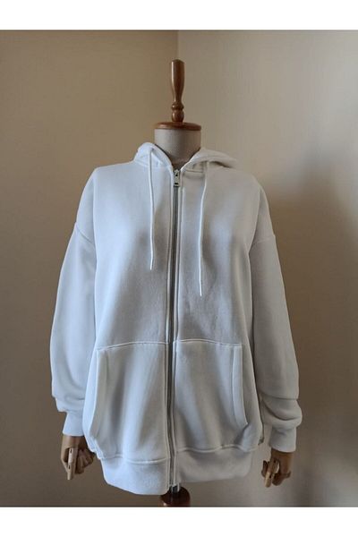 Butik Three Thread White Zipper Hooded Cardigan