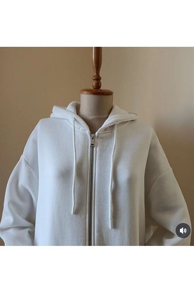 Butik Three Thread White Zipper Hooded Cardigan