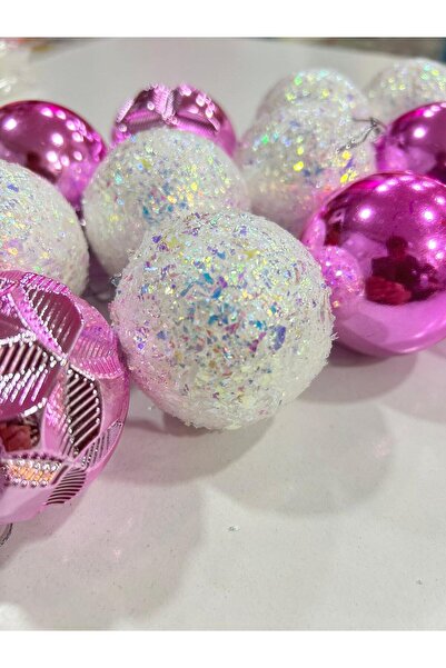 SURPRISE PARTY STORE Yılbaşı Yeniyıl Çam Ağacı Süsleme Cici Topu 16 Adet 6 cm Neon Pembe ve Beyaz Karışık Kutulu Cici Top