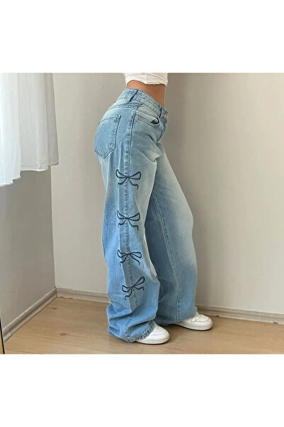 ellevana Mavi Kot Unisex Siyah Kurdele Detay Bol Paça Pantolon