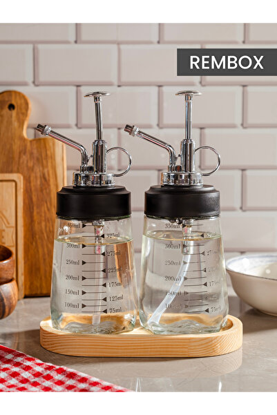 Rembox Ahşap Standlı 2'li Sprey Yağ ve Sirke Şişesi 350 ml Zeytinyağ Sıvıyağ ...