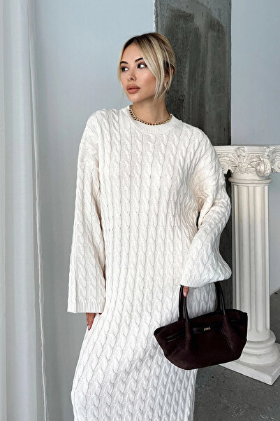 bacc Χειμερινό πλεκτό φόρεμα μίντι χρώματος πέτρας - Πλεκτό λαιμό και πλεκτά μαλλιά Bcvl-t24elb1