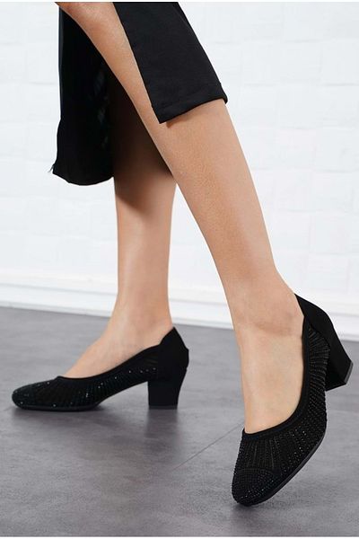 KCMN Feles Laser Detailed Stoned Pantofi cu toc de damă clasici BLACK-SUEDE
