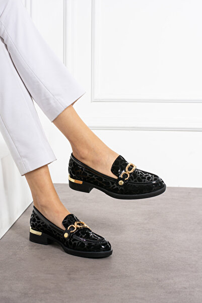 Güllü Shoes Дамски черни велурени вегански кожени мокасини с принт на зебра - ежедневни ежедневни обувки със сменяема катарама