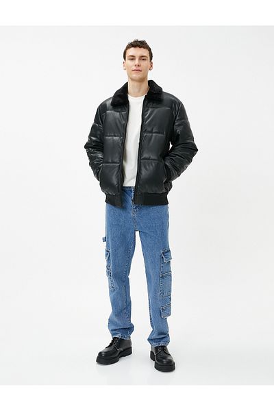 Koton Leather Look Puffer Jacket with Collar and Zippered Pockets
