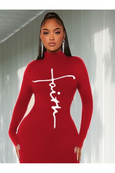 Modayakamoz Women's Long Sleeve Turtleneck Print Detailed Viscose Full Length Dress