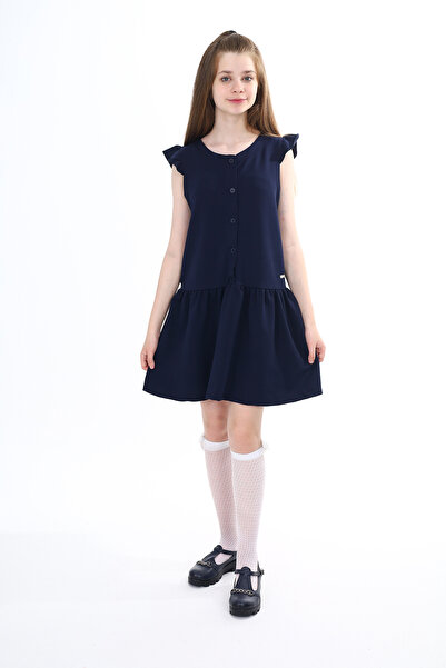 Toontoy Girl's Buttoned Metal Crest Detailed School Dress