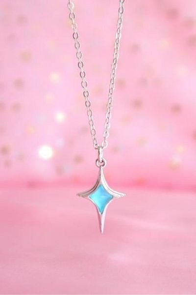 Touz Moda Blue Oval Star Imported Necklace with Silver Color Chain