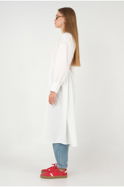 HEQA Yakası Büzgülü Poplin Gömlek Beyaz