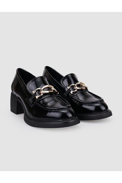 Cabani 100% Genuine Leather Black Patent Leather Buckle Women's Heeled Shoes