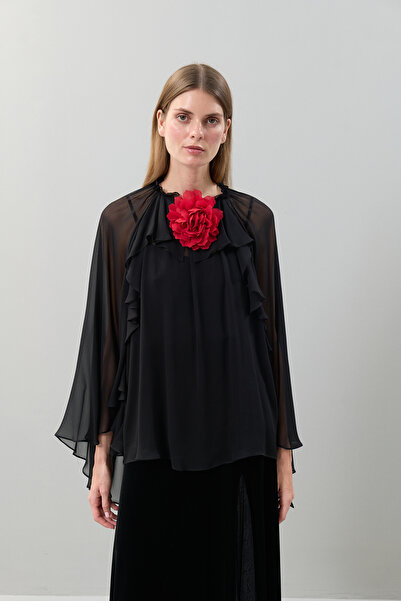 Roman Çiçek Aksesuarlı Dokuma Bluz Siyah K2513032_001