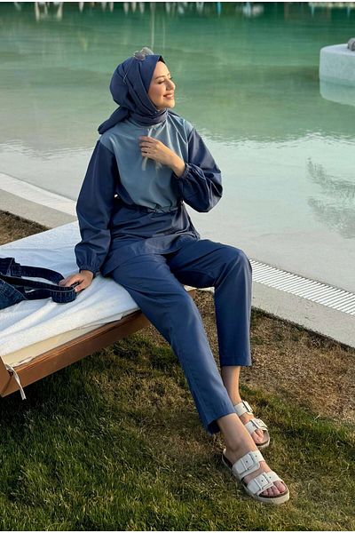 HEQA Denim Blue Garnished Swimming Suit