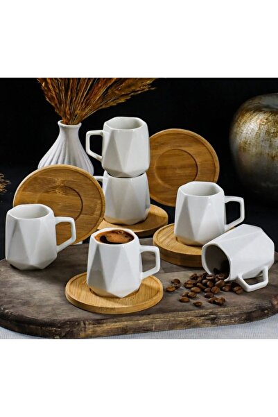 Home Seramik Prizma 6 Kişilik Bambu Tabak Kahve Fincan Takımı