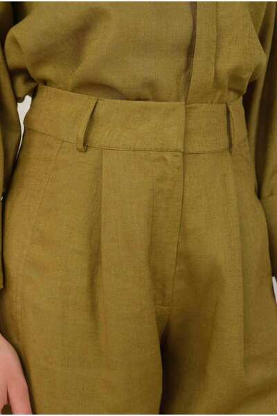 HEQA Paçası Pileli Keten Pantolon Olive
