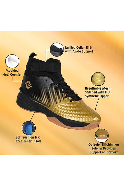 Nivia Tucana Gold Basketball Shoe (BLACK/GOLD, 7 UK/8 US/41 EU) | Shock Resistant, Cushion