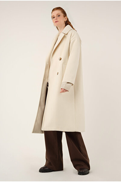 HEQA Двуредно кашмирено палто с копчета в цвят екрю