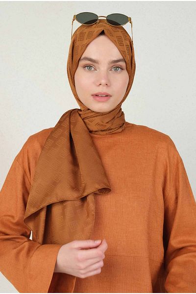 HEQA Caramel Colored Logo Patterned Jacquard Shawl