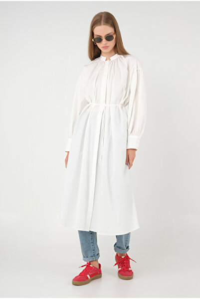 HEQA Yakası Büzgülü Poplin Gömlek Beyaz