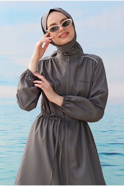 HEQA Gray Shoulder Gathered Swimming Suit