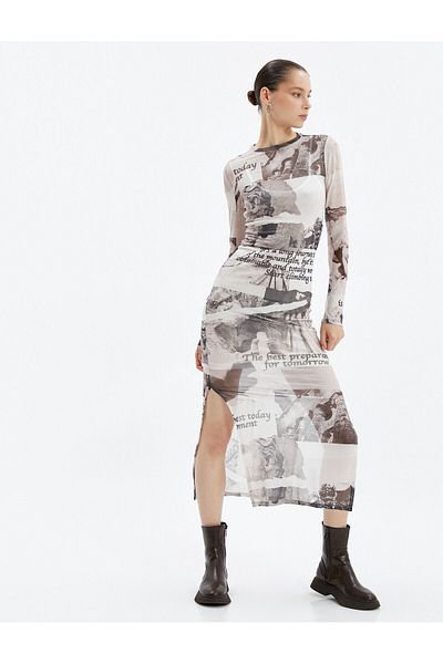Koton Transparentes, gefüttertes Kleid in Maxilänge mit langen Ärmeln und Schlitzdetail