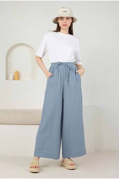 HEQA Pantaloni largi de muselină albastru pastel