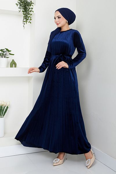 ModaMerve Rochie din catifea bleumarin - Detaliu plisat, Model Y: 2012EFY931-M