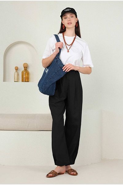 HEQA Pantaloni negri din in - picior plisat