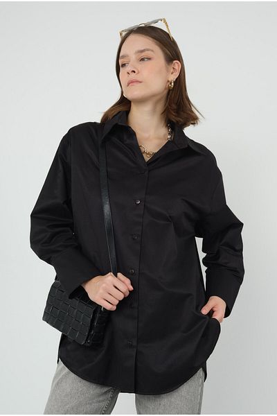HEQA Black Poplin Short Shirt
