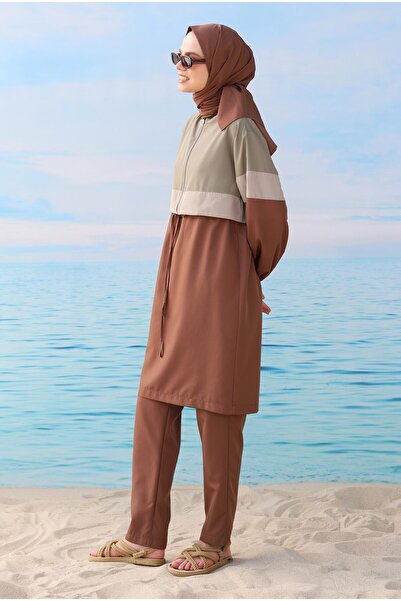 HEQA Costum de baie Hijab cu detaliu de culoare maro