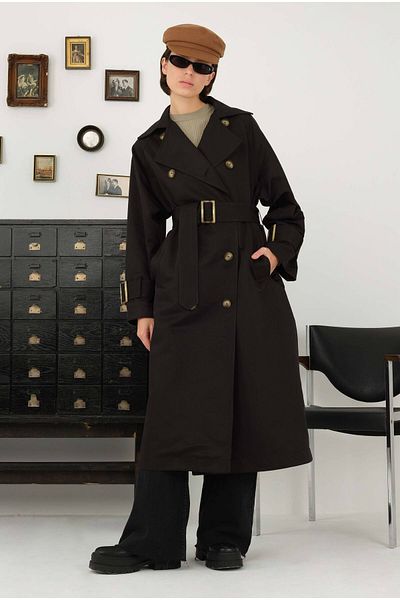 HEQA Trench Coat with Belt Buckle Black