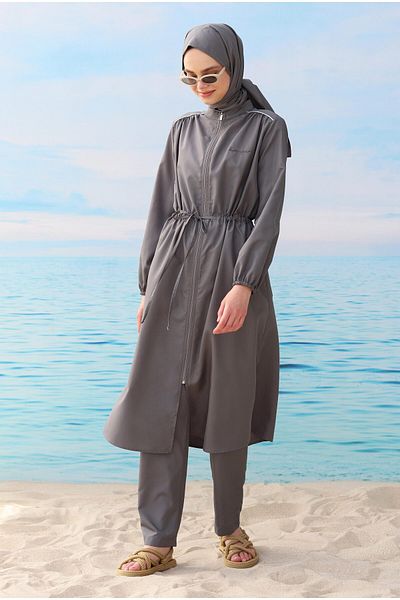 HEQA Gray Shoulder Gathered Swimming Suit